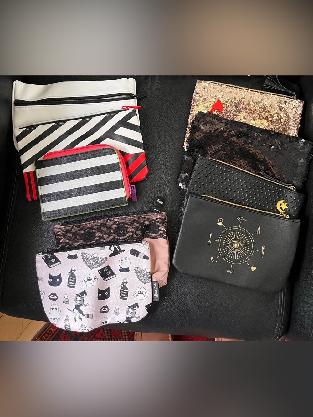 Set of 9 Small Zip Bags. White, Black, Gold, Pink, Red. Approximately 4 x 7”
